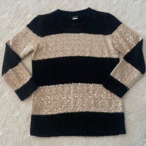 J Crew Black & Tan Stripe Sequin Crewneck Sweater  – SZ XS
